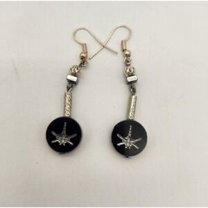 Dangle‎ Earrings Silver Dragonfly Embossed On Black Stone Sparkling Bead Accents